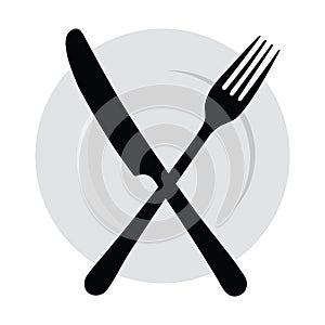 Plate with a fork and knife. Logo with cutlery. The symbol of the diner. Canteen.