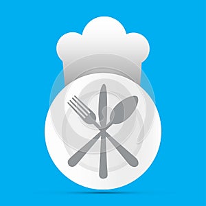Plate with fork, knife and spoon a a chef hat on blue background