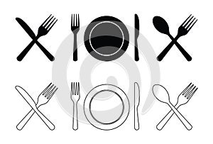 Plate, fork, knife, spoon. Cutlery icons for dinner. Set of silverware for lunch, breakfast. Food and eat symbol. Utensil for