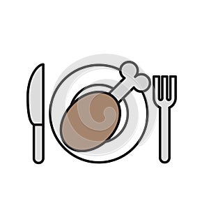Plate, fork and knife with turkey or chicken leg icon. Food symbol. Cartoon design icon. Flat vector illustration