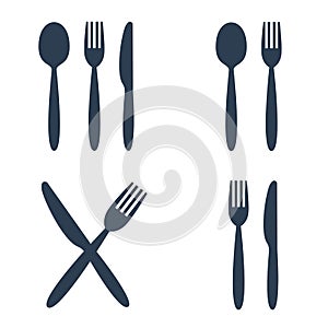 Plate fork spoon and knife icons on white background.