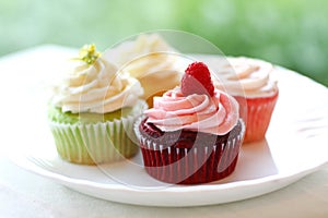 Plate of four colorful springtime cupcakes