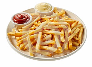 Plate of french fries with ketchup and mayonnaise photo