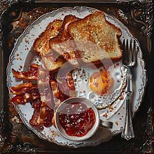Plate of French toast, bacon, eggs, and jam with tableware and fork