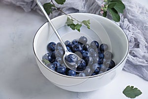 Plate with fresh blueberries  antioxidants  a light background