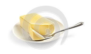 Plate with fresh butter and knife isolated