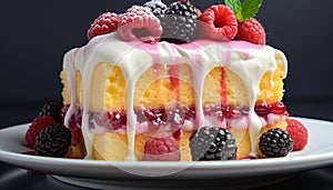 A plate of fresh, colorful berries on a dessert table generated by AI