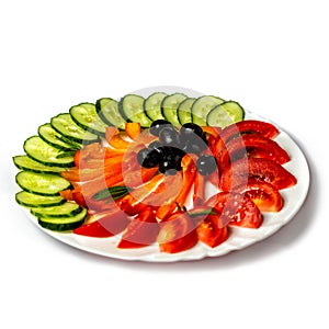 Plate with fresh fruit and vegetable salad isolated on white background