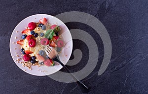 A plate with fresh fruits and Pudding photo