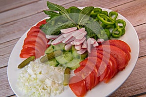 Plate of fresh vegetable salad, tomato, cucumber, onion, gherkin, radish, mint leaves on turntable