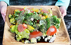 The plate with fresh vegetables salad. Girl shows the plate