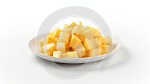 a plate of freshly cut pineapple chunks yellow color and succulent texture against a white background