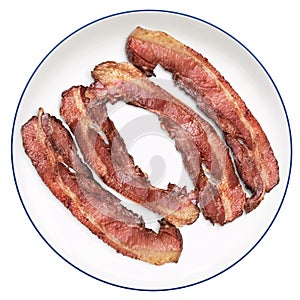 Four Fried Gourmet Well Done Bacon Rashers Set On White Porcelain Plate Isolated On White Background