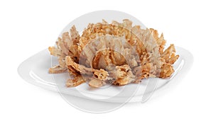 Plate with fried blooming onion isolated on white