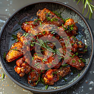 A plate of fried chicken wings with sauce, green onions, and leafy vegetables