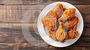 Plate Fried Chicken Wooden Table Close Up