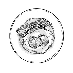 Plate with fried double-eyed egg and bacon slice. Hand drawn sketch style traditional breakfast drawing.