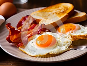 A plate with fried eggs, bacon and toasts of white bread. Caloric breakfast close up. Generative AI