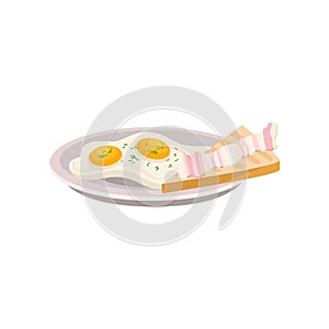 Plate with fried eggs and fresh bread with piece of bacon. Traditional breakfast. Tasty meal. Flat vector element for