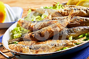 Plate of fried sardines, pilchards or anchovies