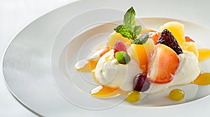 A plate of fruit with a green leaf on top