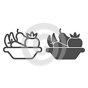 Plate with fruit line and solid icon, Diet concept, Vegetable bowl sign on white background, plate of healthy foods icon