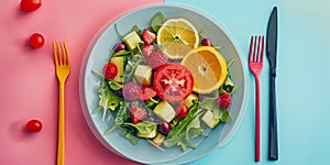 Plate of Fruit and Vegetables With Fork and Knife healthy food concept flat-lay. Generative AI