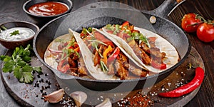 A plate and frying pan of fajitas with beef tacos, tortillas and salsa sauce