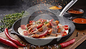 A plate and frying pan of fajitas with beef tacos, tortillas and salsa sauce