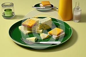 Plate full of cheese with crackers and a fork