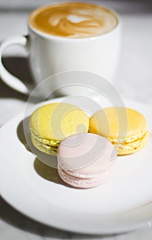 Plate Full of Delicious Macaroons at a Bakery with a Cup