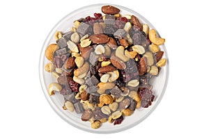 Plate Full Of Fruit, Nuts And Chocolate Trail Mix On White