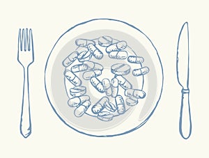 A plate full of pills. Vector drawing