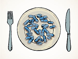 A plate full of pills. Vector drawing