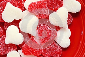 Plate full of red and white hearts for Valentine's Day