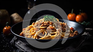 Plate full of spaghetti and meat sauce on the table