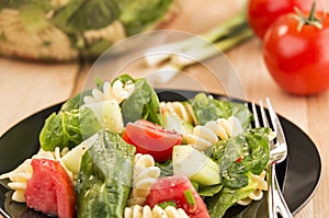 Plate full of spinach and rotini pasta salad