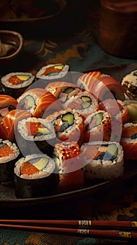 a plate full of sushi and chopsticks on a table next to a bowl of rice and a bowl of sauce and a bowl of vegetables