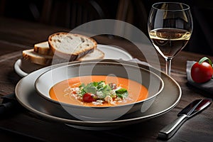 plate of gazpacho, served with crusty bread and glass of chilled white wine