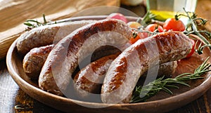 Plate of german bratwurst sausages with herbs