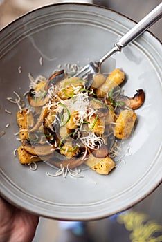 Plate of gnocchi with mushrooms and cheese