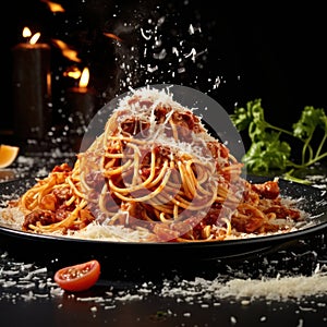 plate of gourmet pasta, with twirls of spaghetti coated in a rich tomato sauce and sprinkled with Parmesan cheese by AI generated