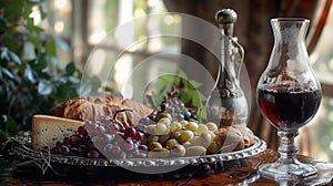A plate of grapes, cheese and bread on a table with wine, AI