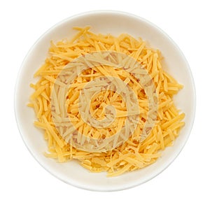 Plate with grated cheese on a white background. View from above. Grated cheese isolate