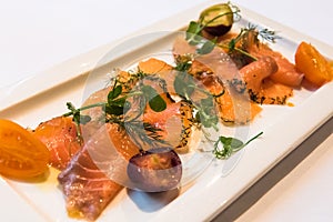 A plate of gravlax, scandinavian cured salmon.