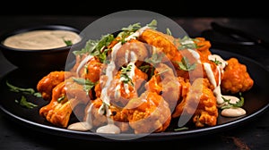 Plate of greasy and flavorful buffalo cauliflower bites