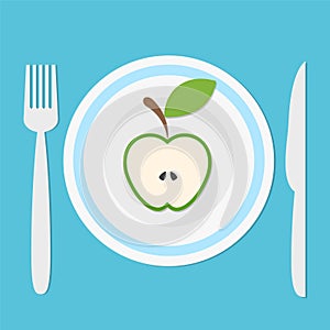 plate with green apple fruit half, fork and knife on blue background with shadow, keep a diet concept, healhty eat, stock vector