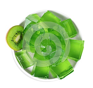 Plate with green jelly cubes and kiwi on white background