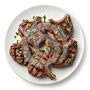 A plate of grilled lamb chops, isolated on a white background,