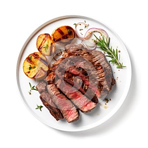 Plate of grilled meat and potatoes isolated on white background.